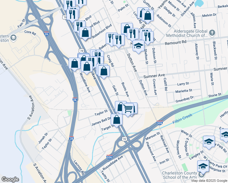 map of restaurants, bars, coffee shops, grocery stores, and more near 5503 Gale Street in North Charleston