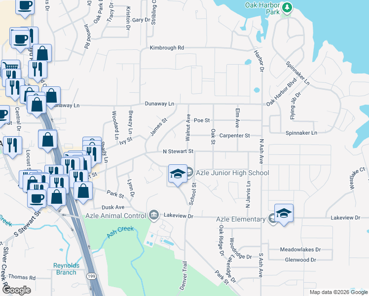map of restaurants, bars, coffee shops, grocery stores, and more near 300 Walnut Avenue in Azle
