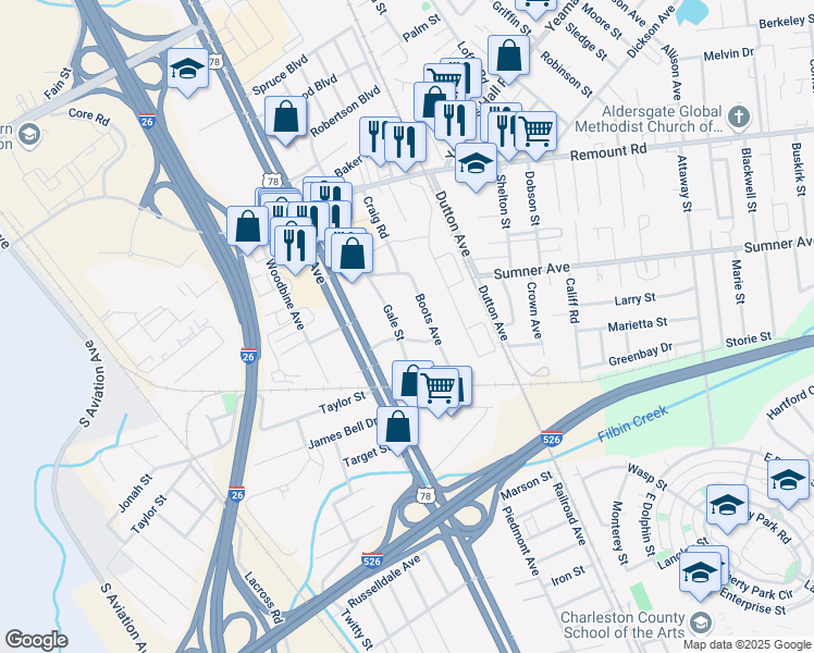 map of restaurants, bars, coffee shops, grocery stores, and more near 5503 Gale Street in North Charleston