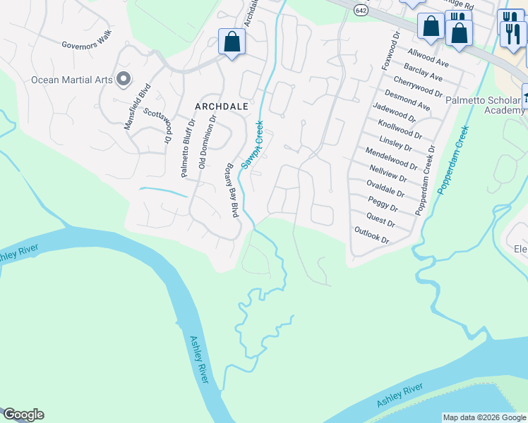 map of restaurants, bars, coffee shops, grocery stores, and more near 8077 Vermont Road in North Charleston