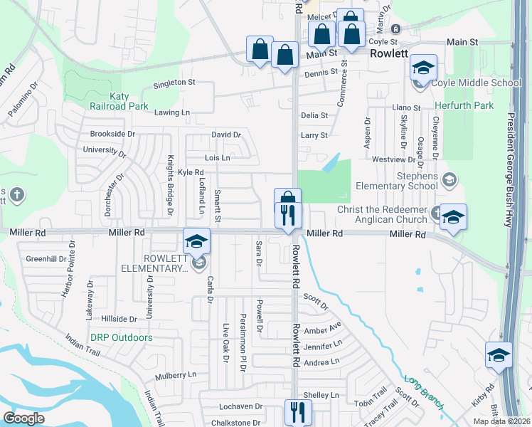 map of restaurants, bars, coffee shops, grocery stores, and more near 3710 Lisa Drive in Rowlett
