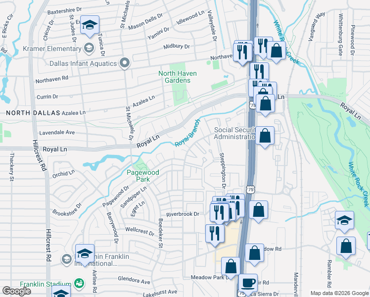 map of restaurants, bars, coffee shops, grocery stores, and more near 10825 Pagewood Place in Dallas