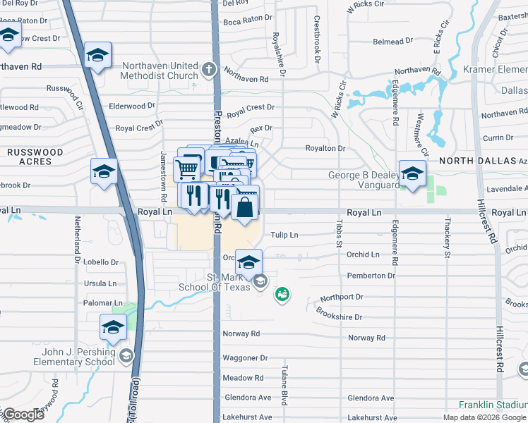 map of restaurants, bars, coffee shops, grocery stores, and more near 10797 Camellia Drive in Dallas