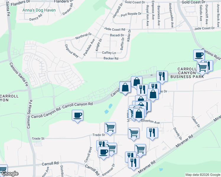 map of restaurants, bars, coffee shops, grocery stores, and more near 9265 Camino Santa Fe in San Diego