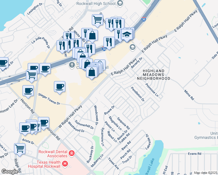 map of restaurants, bars, coffee shops, grocery stores, and more near 125 Southwood Drive in Rockwall