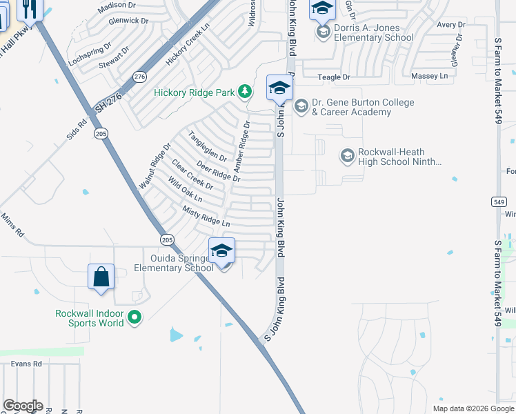 map of restaurants, bars, coffee shops, grocery stores, and more near 3054 Dusty Ridge Drive in Rockwall