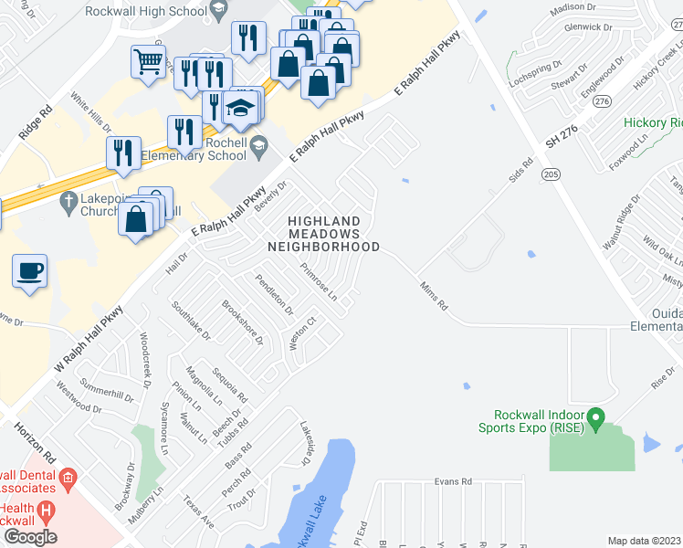 map of restaurants, bars, coffee shops, grocery stores, and more near 3064 Winecup Lane in Rockwall