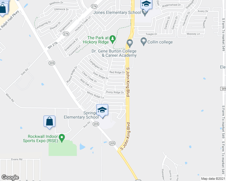 map of restaurants, bars, coffee shops, grocery stores, and more near 3030 Dusty Ridge Drive in Rockwall