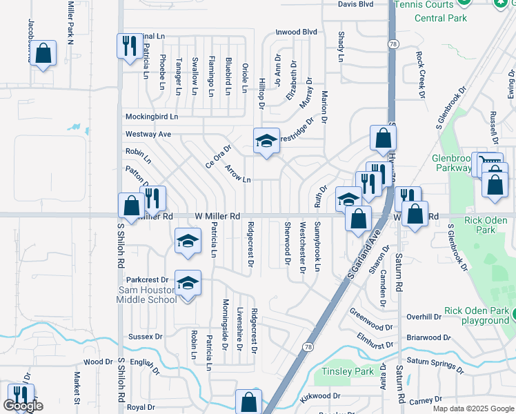 map of restaurants, bars, coffee shops, grocery stores, and more near 1925 Hilltop Drive in Garland