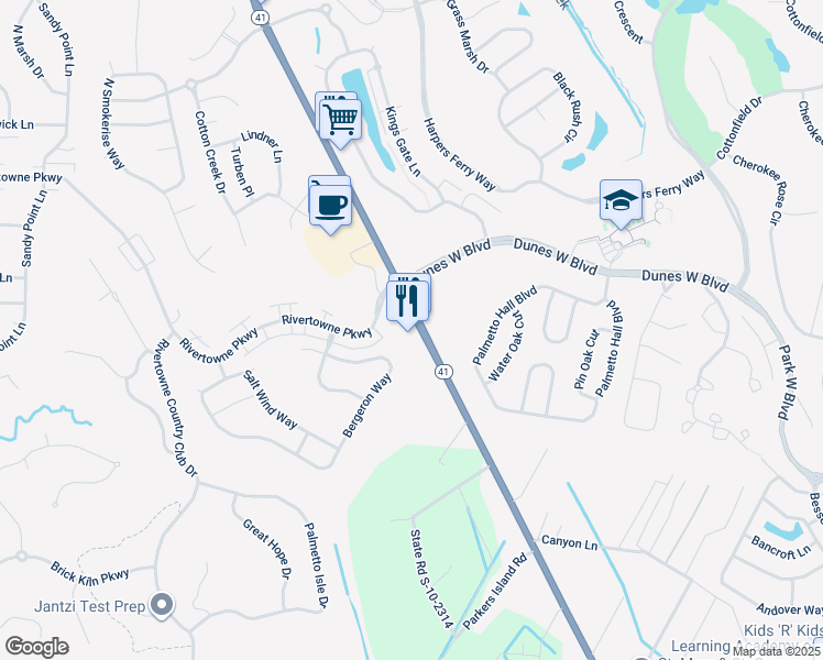 map of restaurants, bars, coffee shops, grocery stores, and more near 1903 South Carolina 41 in Mount Pleasant