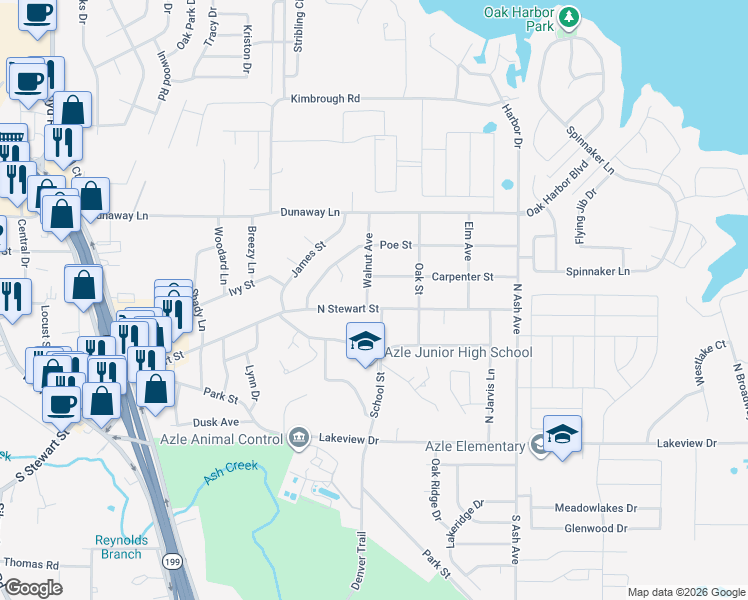 map of restaurants, bars, coffee shops, grocery stores, and more near 300 Walnut Avenue in Azle