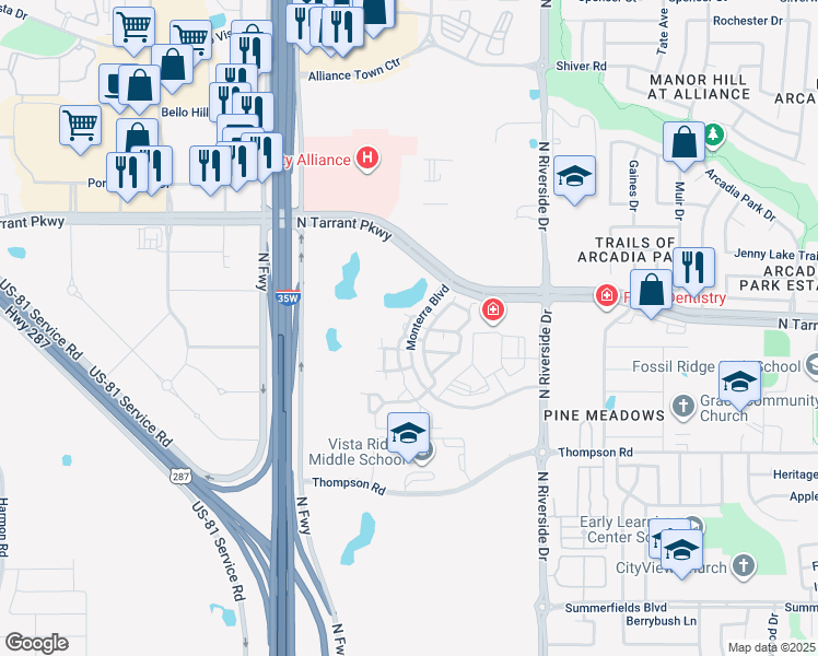 map of restaurants, bars, coffee shops, grocery stores, and more near 8301 Monterra Boulevard in Fort Worth