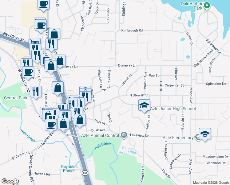map of restaurants, bars, coffee shops, grocery stores, and more near 624 Ivy Street in Azle