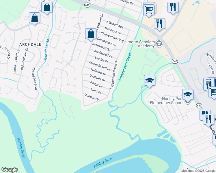 map of restaurants, bars, coffee shops, grocery stores, and more near 7644 Peggy Drive in North Charleston