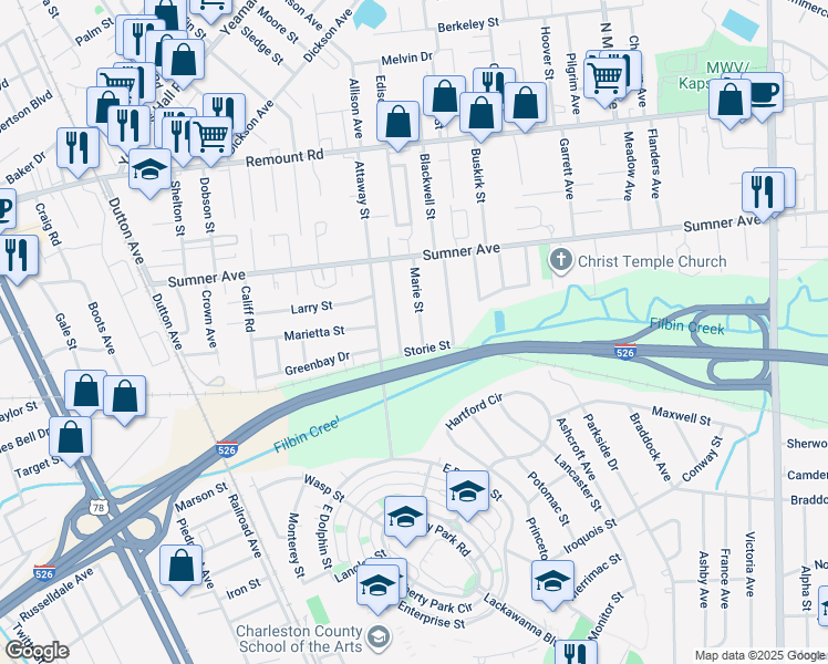 map of restaurants, bars, coffee shops, grocery stores, and more near 5421 Marie Street in North Charleston