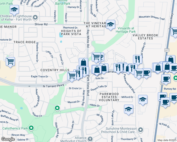 map of restaurants, bars, coffee shops, grocery stores, and more near N Tarrant Pkwy & Ray White Rd in Fort Worth