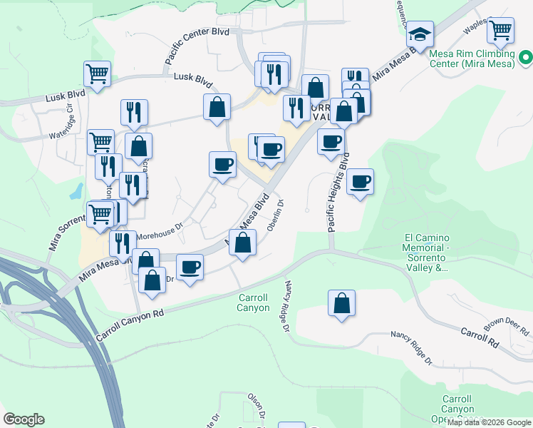 map of restaurants, bars, coffee shops, grocery stores, and more near 5850 Oberlin Drive in San Diego
