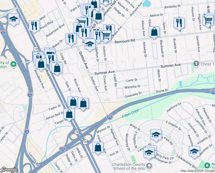 map of restaurants, bars, coffee shops, grocery stores, and more near 1721 Hilt Street in North Charleston