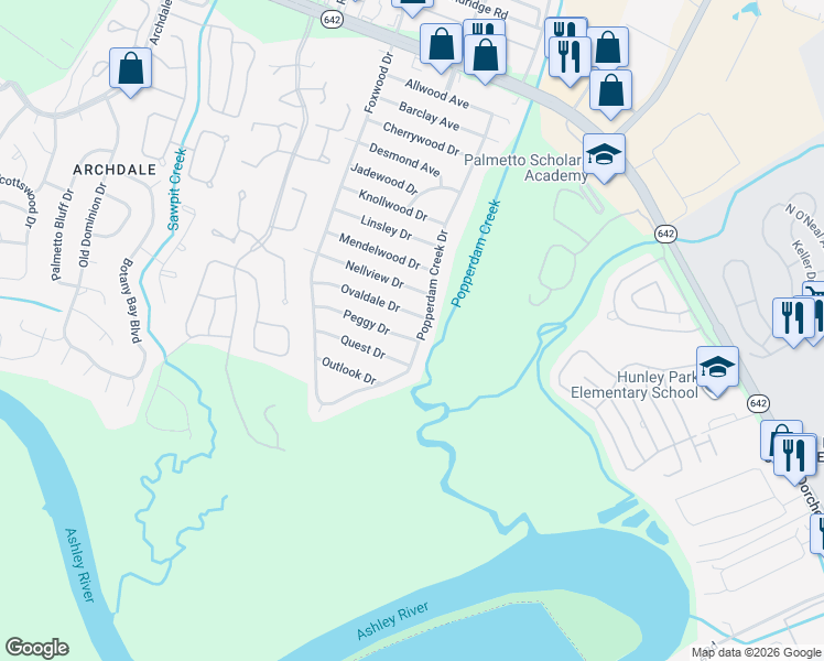 map of restaurants, bars, coffee shops, grocery stores, and more near 7644 Peggy Drive in North Charleston