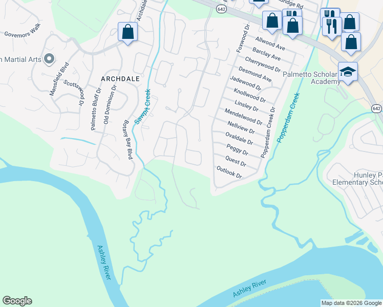 map of restaurants, bars, coffee shops, grocery stores, and more near 7857 Montview Road in North Charleston