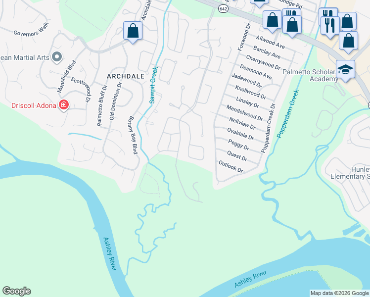 map of restaurants, bars, coffee shops, grocery stores, and more near 7857 Montview Road in North Charleston