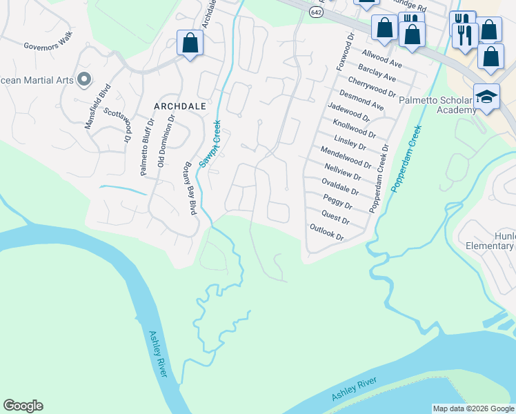 map of restaurants, bars, coffee shops, grocery stores, and more near 7857 Montview Road in North Charleston