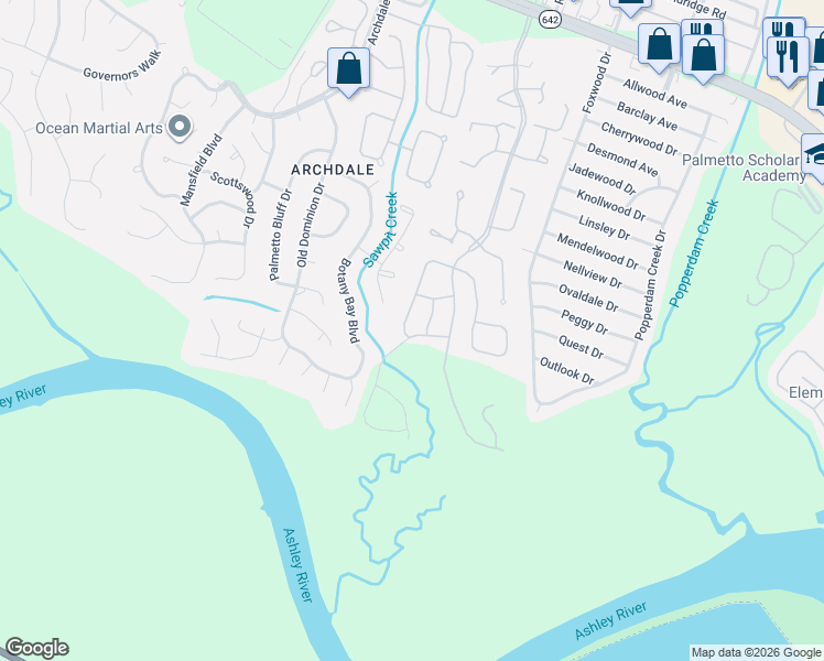 map of restaurants, bars, coffee shops, grocery stores, and more near 8077 Vermont Road in North Charleston