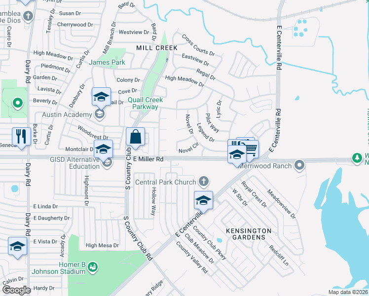 map of restaurants, bars, coffee shops, grocery stores, and more near 1717 Novel Circle in Garland