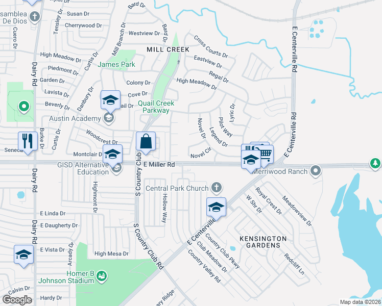 map of restaurants, bars, coffee shops, grocery stores, and more near 1717 Novel Circle in Garland