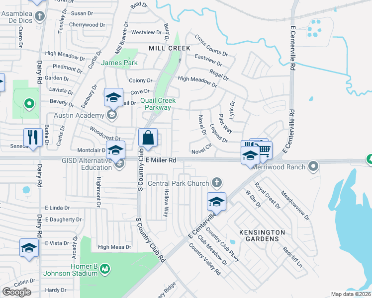 map of restaurants, bars, coffee shops, grocery stores, and more near 1717 Novel Circle in Garland