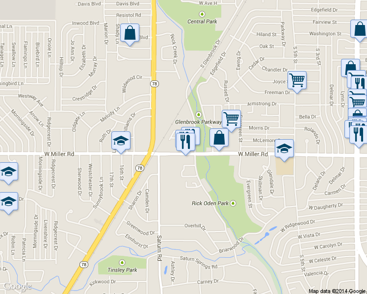 map of restaurants, bars, coffee shops, grocery stores, and more near 1221 West Miller Road in Garland