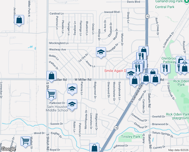 map of restaurants, bars, coffee shops, grocery stores, and more near 1921 Hilltop Drive in Garland