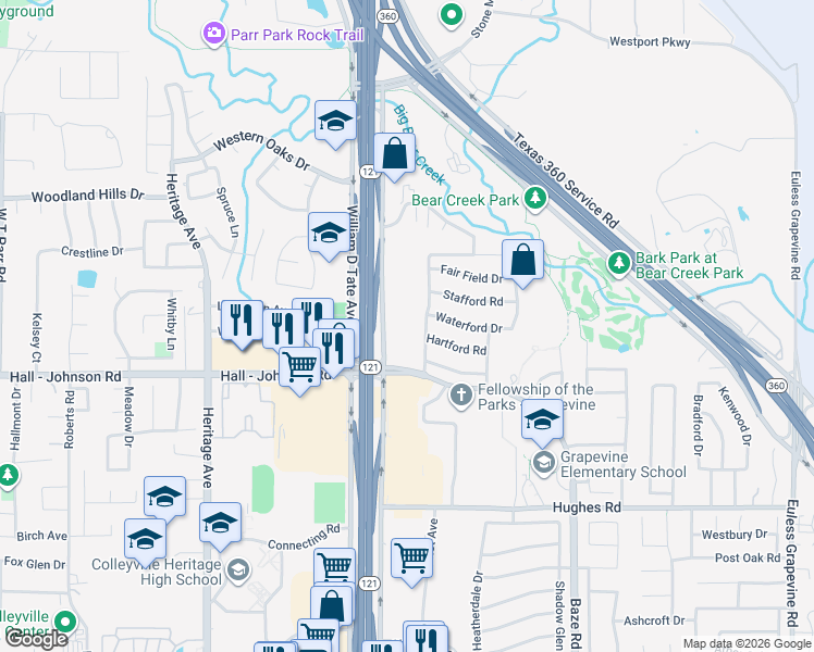 map of restaurants, bars, coffee shops, grocery stores, and more near 3975 William D Tate Avenue in Grapevine