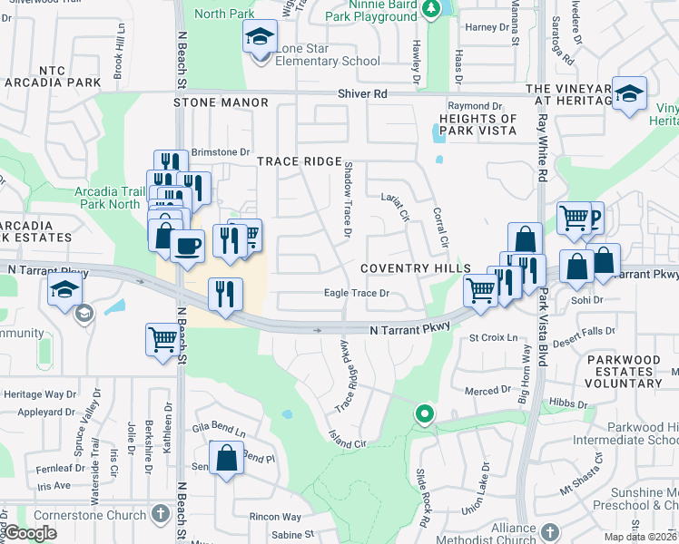 map of restaurants, bars, coffee shops, grocery stores, and more near 8600 Olympia Trace Circle in Fort Worth