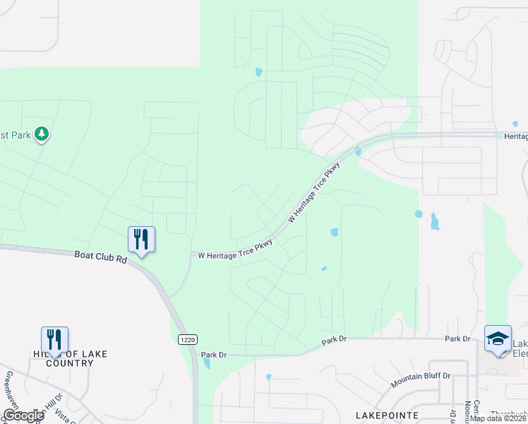 map of restaurants, bars, coffee shops, grocery stores, and more near 9700 Park Drive in Fort Worth