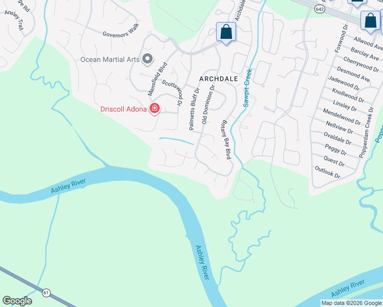 map of restaurants, bars, coffee shops, grocery stores, and more near 102 Dorchester Court in Charleston