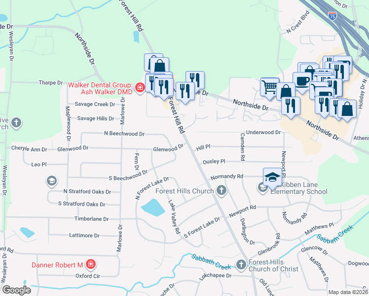 map of restaurants, bars, coffee shops, grocery stores, and more near 1440 Forest Hill Road in Macon