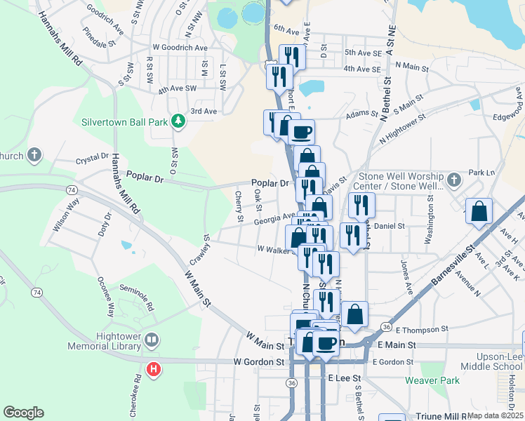 map of restaurants, bars, coffee shops, grocery stores, and more near 506 Oak Street in Thomaston