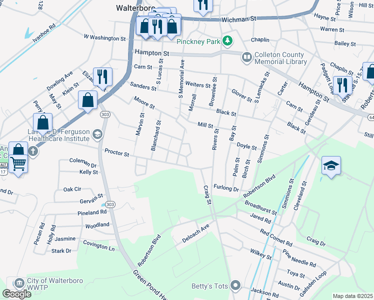 map of restaurants, bars, coffee shops, grocery stores, and more near 108 Mincey Avenue in Walterboro