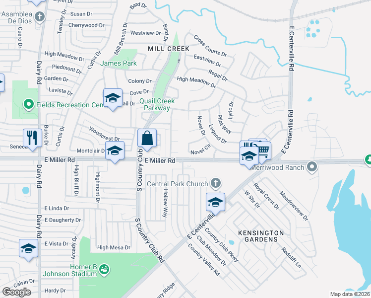 map of restaurants, bars, coffee shops, grocery stores, and more near 1717 Novel Circle in Garland