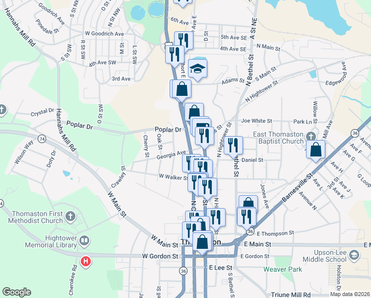 map of restaurants, bars, coffee shops, grocery stores, and more near 608 Nottingham Street in Thomaston