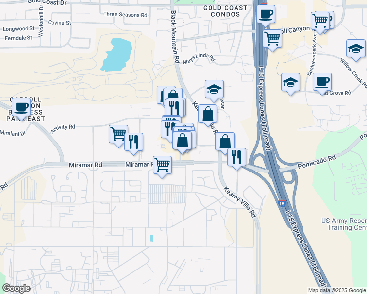 map of restaurants, bars, coffee shops, grocery stores, and more near 9469 Black Mountain Road in San Diego