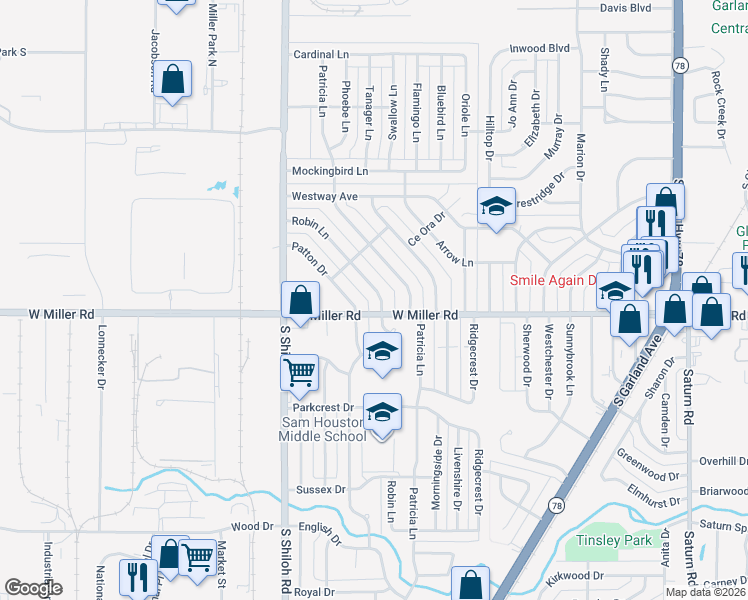 map of restaurants, bars, coffee shops, grocery stores, and more near 1913 Robin Lane in Garland