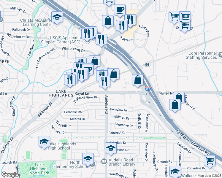 map of restaurants, bars, coffee shops, grocery stores, and more near 9815 Royal Lane in Dallas