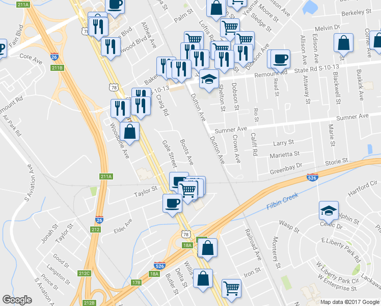 map of restaurants, bars, coffee shops, grocery stores, and more near 5520 Boots Avenue in North Charleston