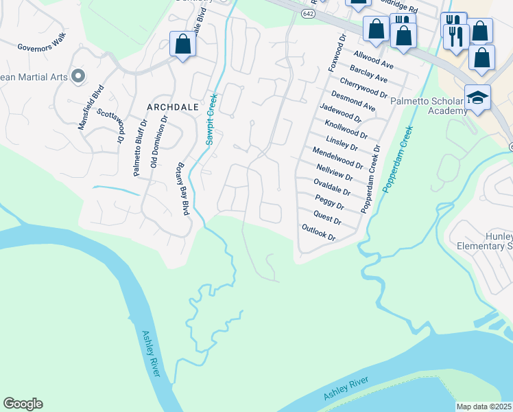 map of restaurants, bars, coffee shops, grocery stores, and more near 7857 Montview Road in North Charleston