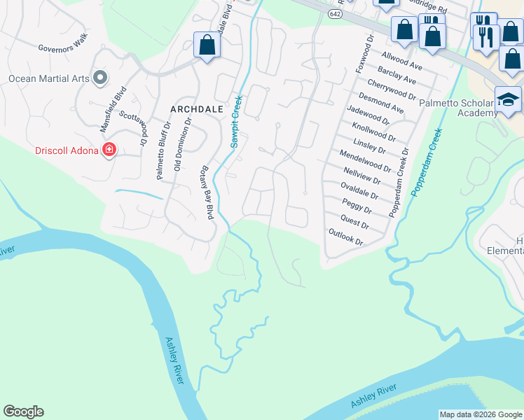 map of restaurants, bars, coffee shops, grocery stores, and more near 7956 Weld Street in North Charleston