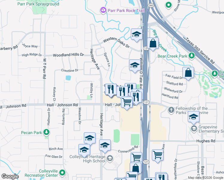 map of restaurants, bars, coffee shops, grocery stores, and more near 3328 Wilshire Avenue in Grapevine