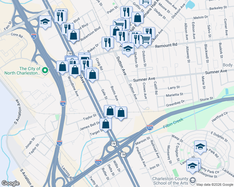 map of restaurants, bars, coffee shops, grocery stores, and more near 5520 Boots Avenue in North Charleston