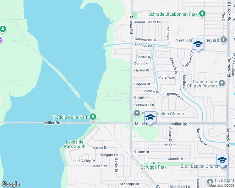 map of restaurants, bars, coffee shops, grocery stores, and more near 3399 Chiesa Road in Rowlett